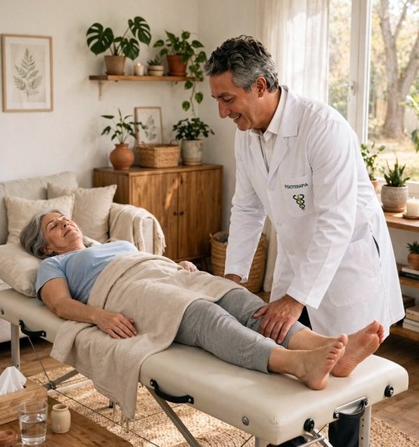 Fisioterapeuta atendendo paciente no conforto de casa
